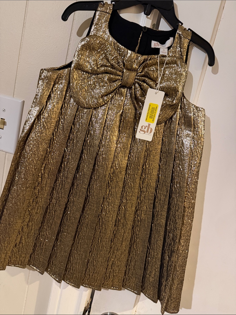Gold Metallic Pleated Dress with Bow (gb Kids)